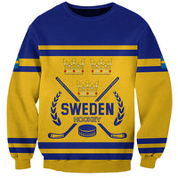 Hockey sweatshirt with Sweden crest, crowns, and striped blue-yellow design