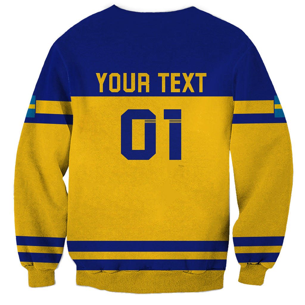 Hockey sweatshirt back with 'YOUR TEXT' and '01' plus blue-yellow stripes