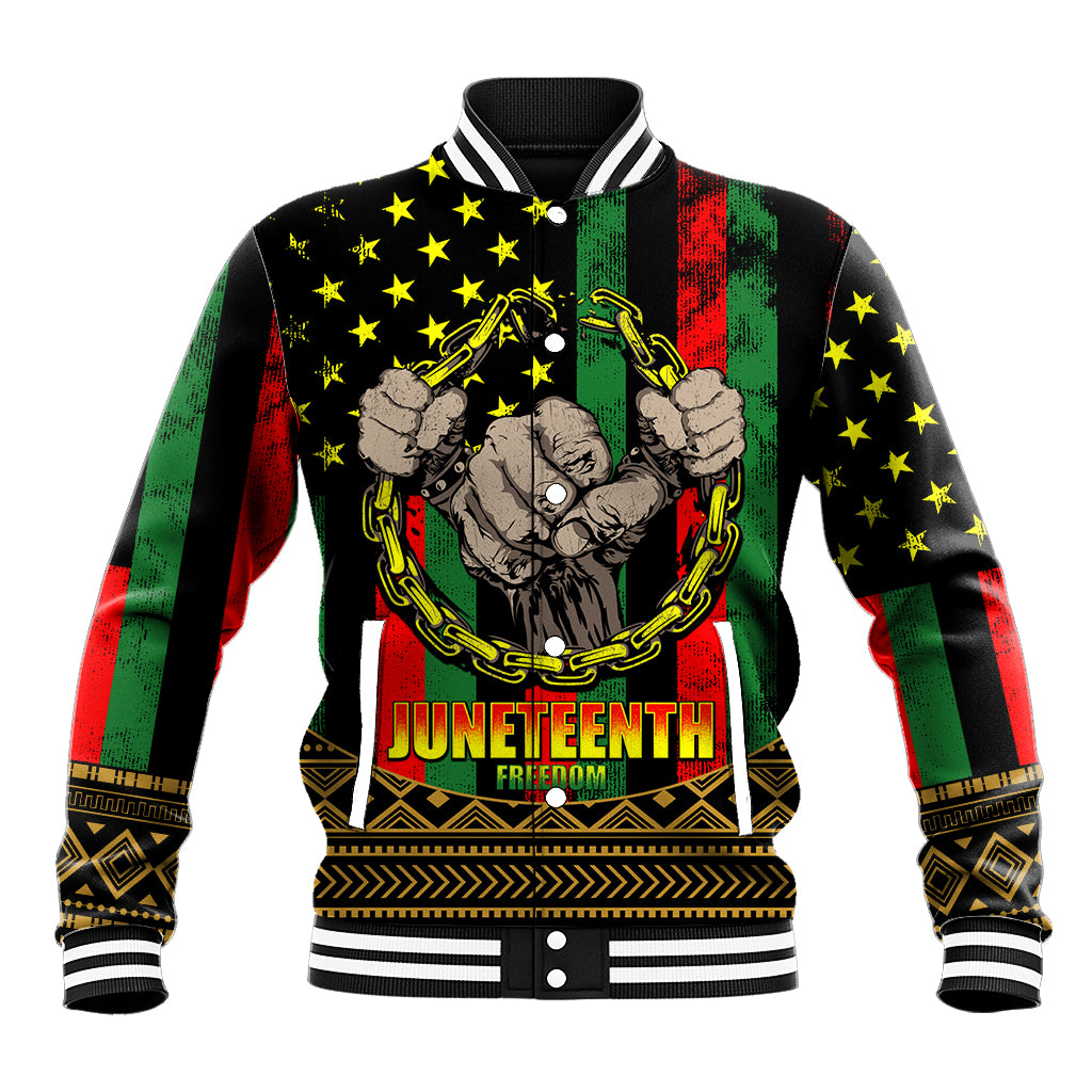 Black baseball jacket with striped rib collar, full-front Juneteenth graphic