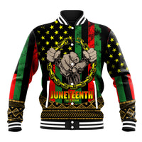 Black baseball jacket with striped rib collar, full-front Juneteenth graphic