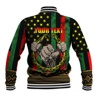 Black baseball jacket with striped cuffs and back YOUR TEXT graphic