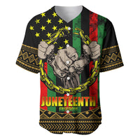Black baseball jersey with Juneteenth Freedom text, green red stripe, fists and chains