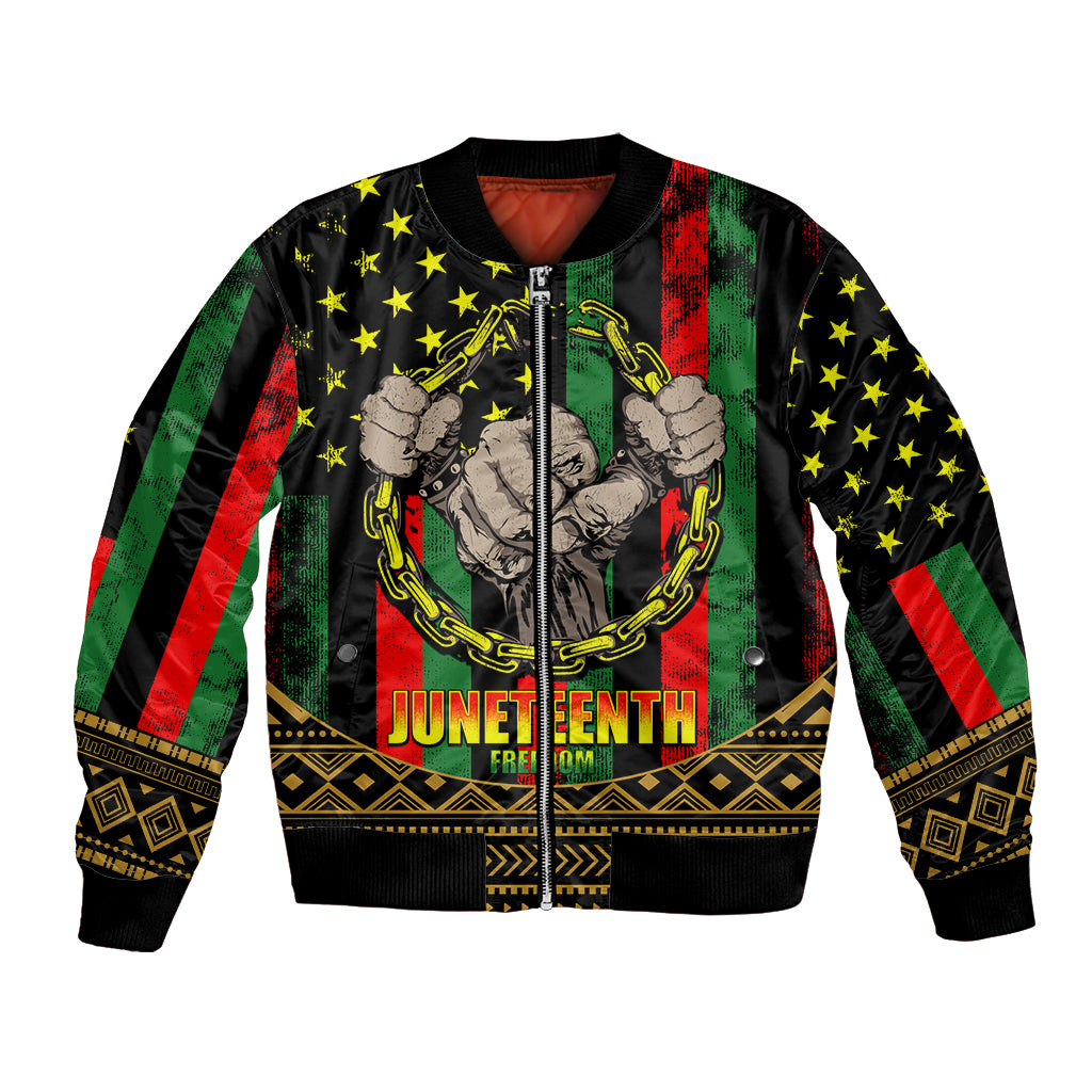 Black bomber jacket with full-zip, Juneteenth graphic, stars, chains and fist artwork