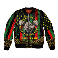 Black bomber jacket with full-zip, Juneteenth graphic, stars, chains and fist artwork