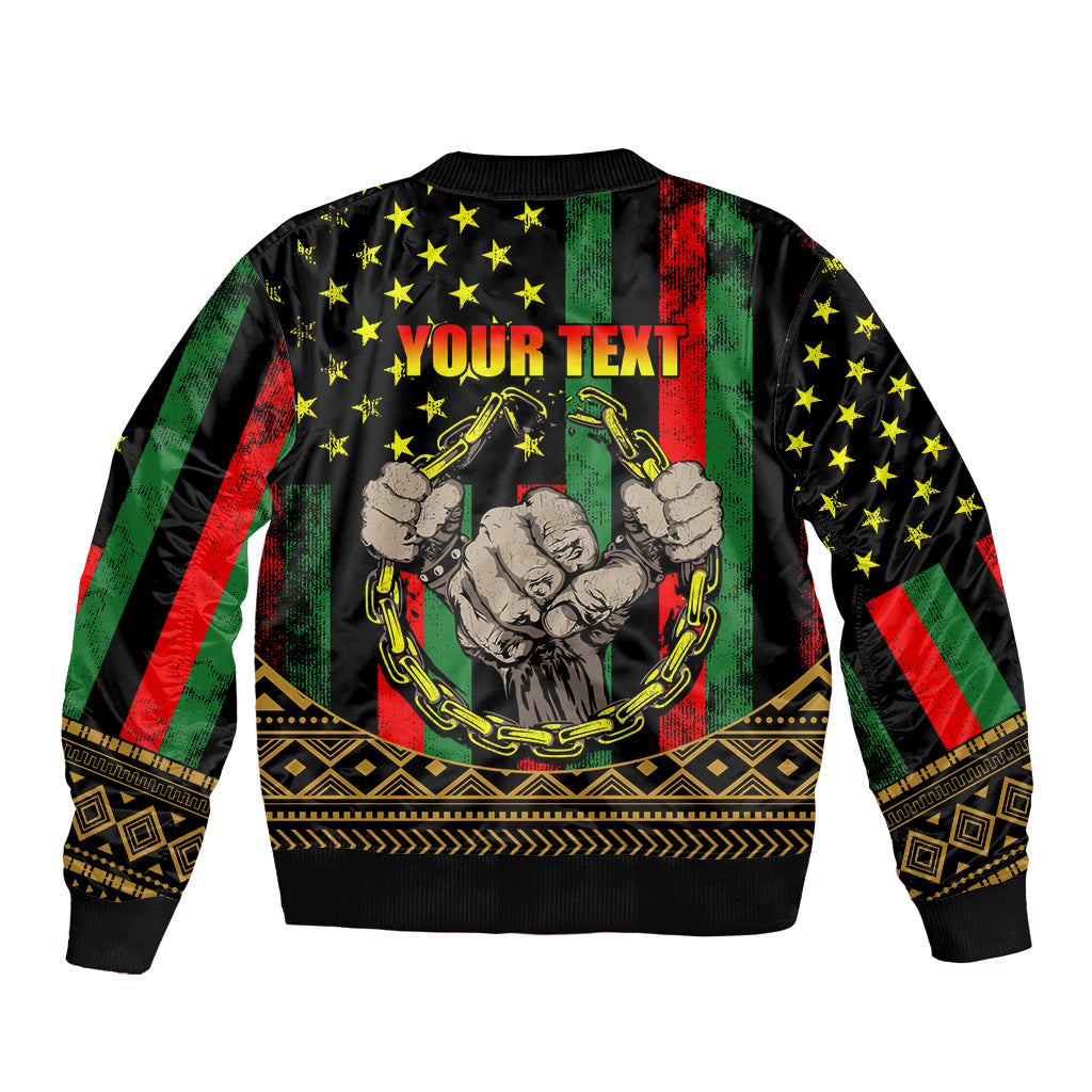 Black bomber jacket with full-zip, Your Text graphic, stars, chains and fist artwork