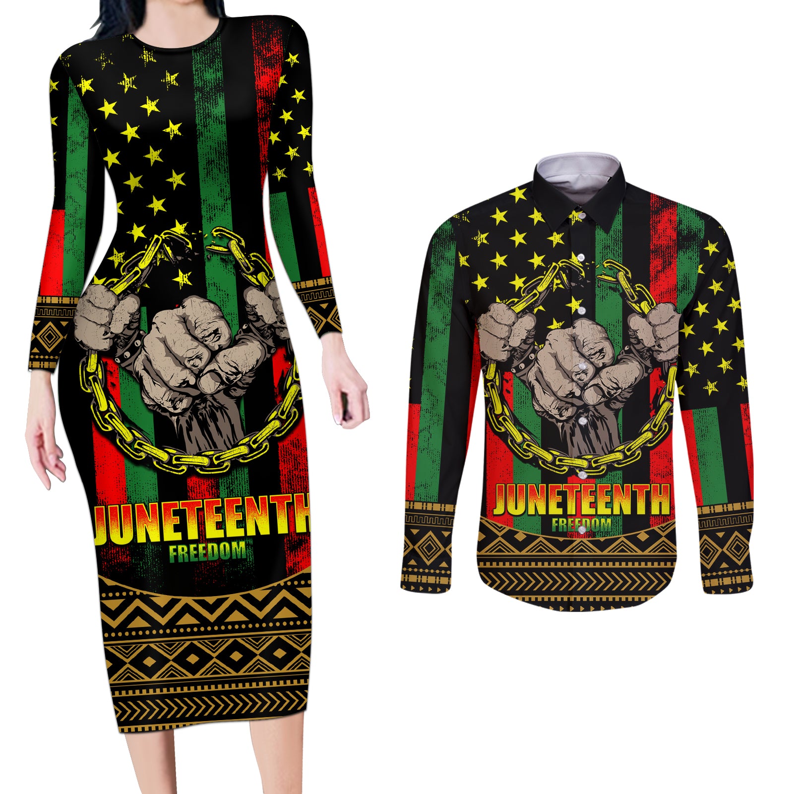 Juneteenth Celebration 2024 Couples Matching Long Sleeve Bodycon Dress and Long Sleeve Button Shirt Black History June 19 - Wonder Print Shop