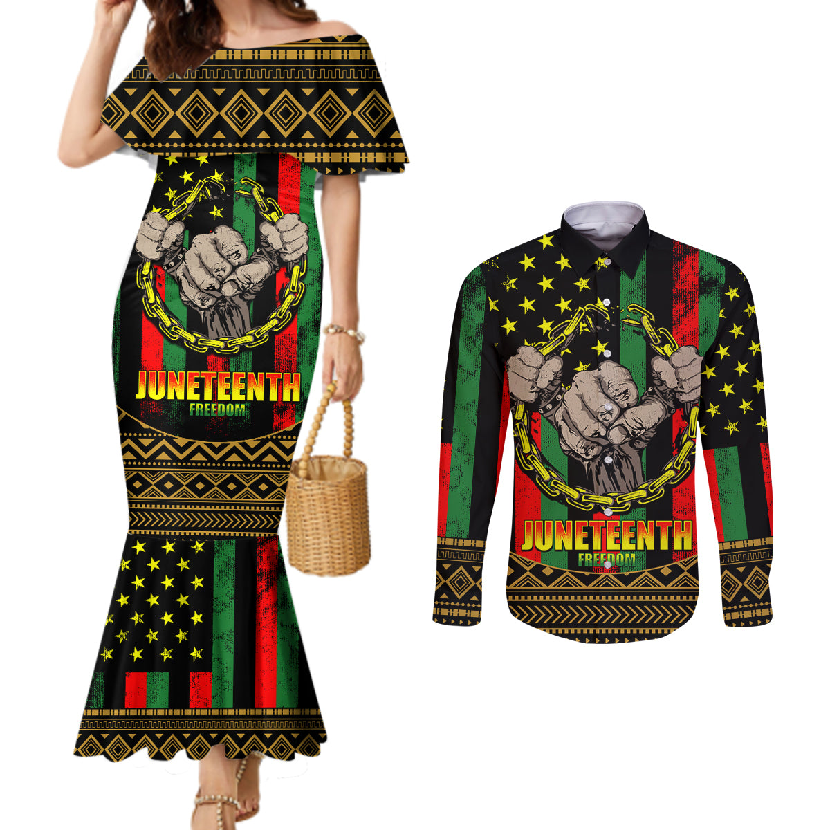 Juneteenth Celebration 2024 Couples Matching Mermaid Dress and Long Sleeve Button Shirt Black History June 19