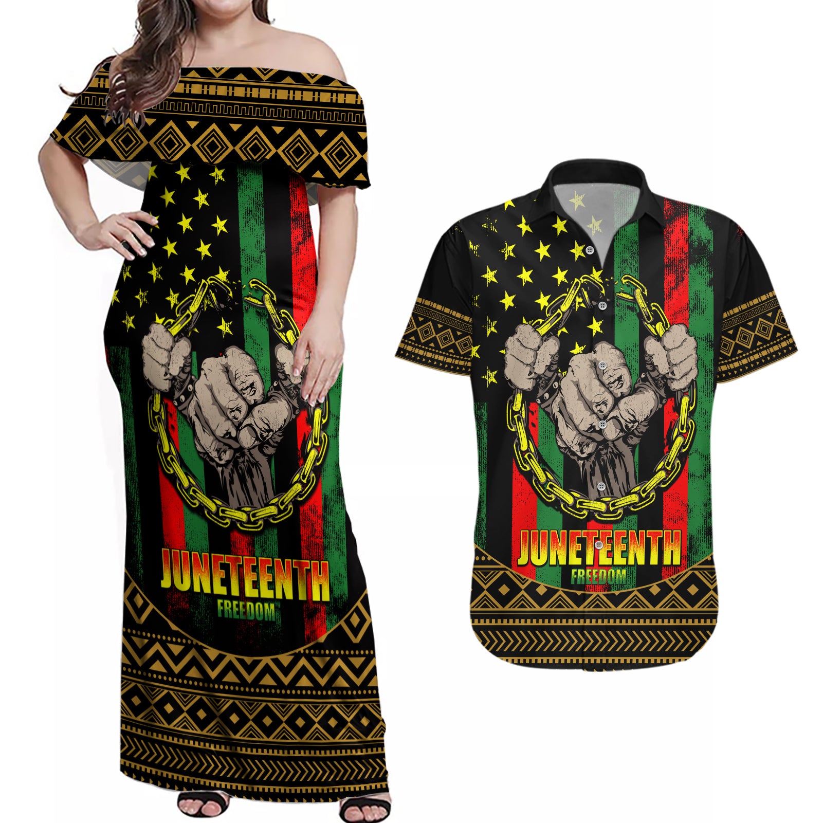 Juneteenth Celebration 2024 Couples Matching Off Shoulder Maxi Dress and Hawaiian Shirt Black History June 19 - Wonder Print Shop