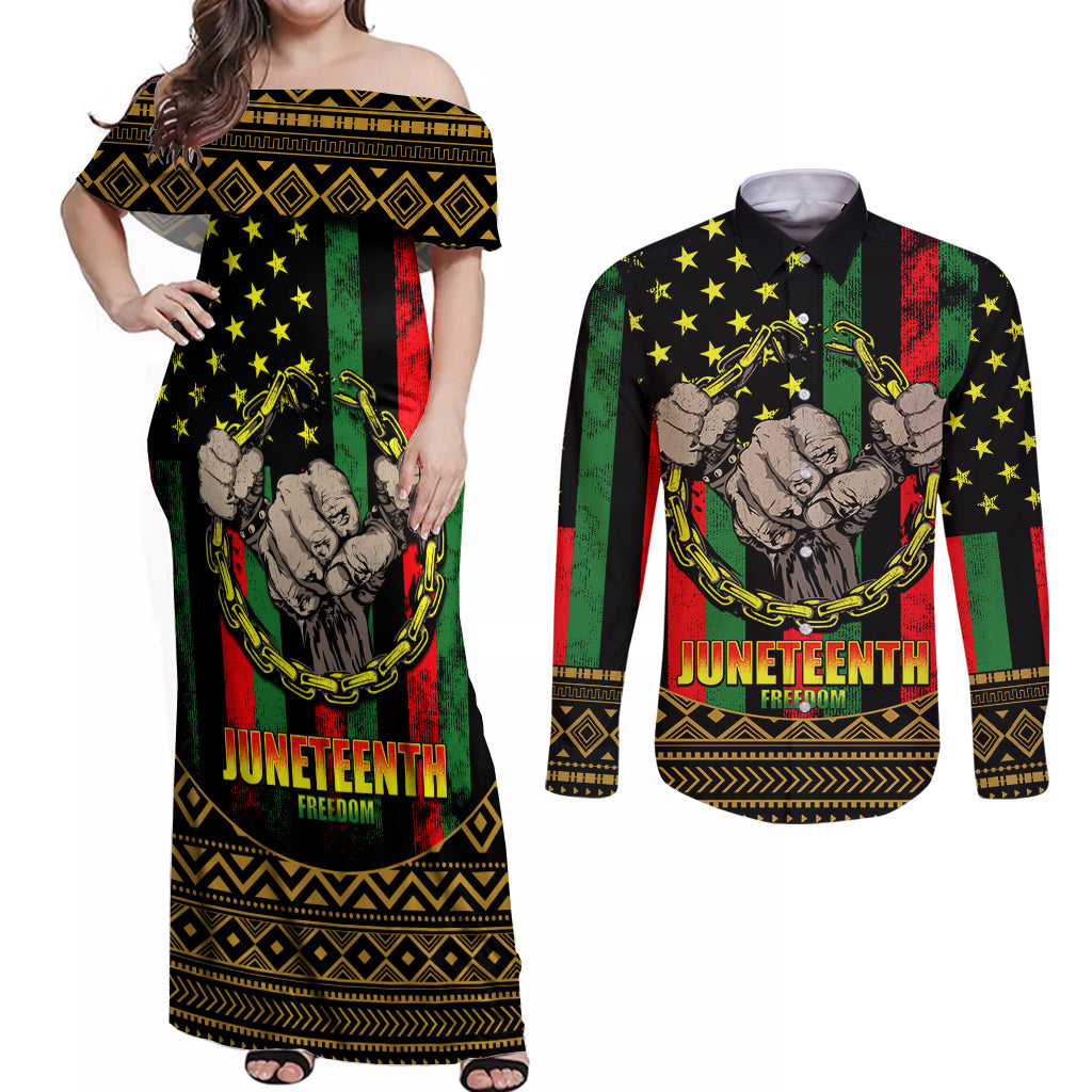 Juneteenth Celebration 2024 Couples Matching Off Shoulder Maxi Dress and Long Sleeve Button Shirt Black History June 19 - Wonder Print Shop