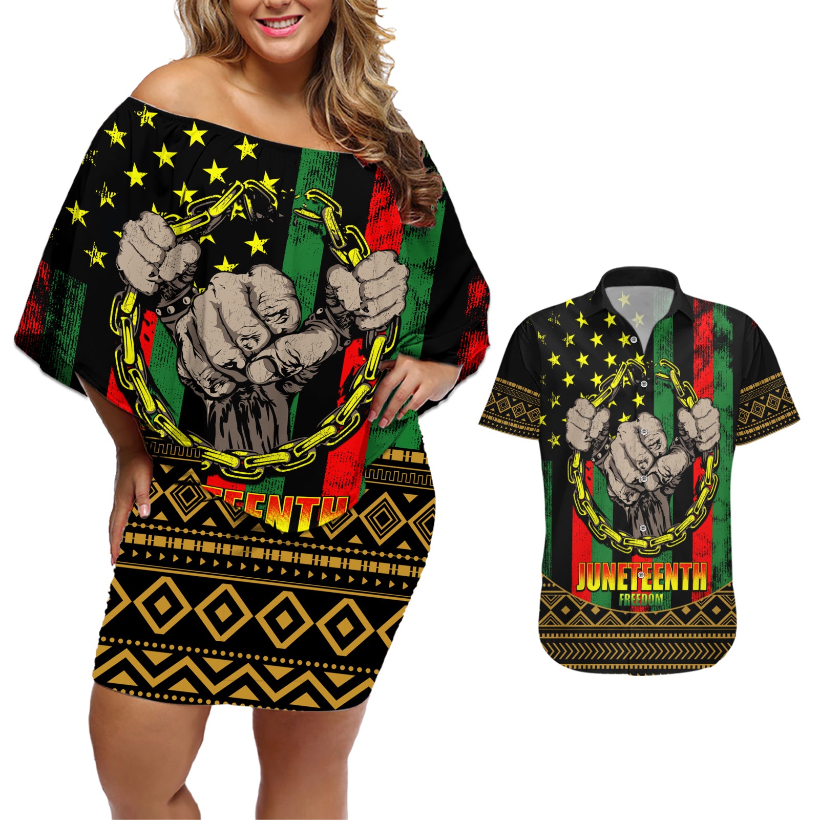 Juneteenth Celebration 2024 Couples Matching Off Shoulder Short Dress and Hawaiian Shirt Black History June 19 - Wonder Print Shop