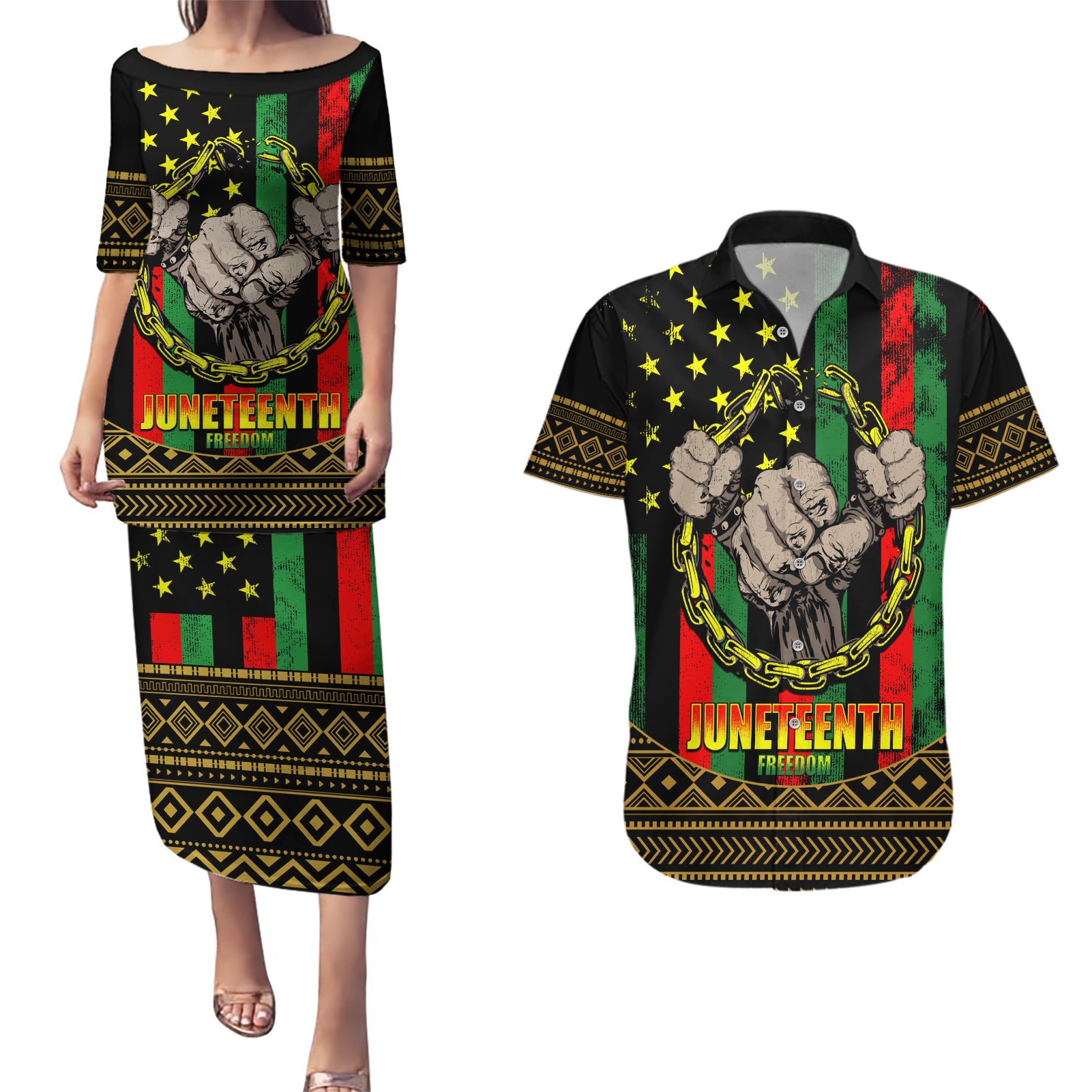 Juneteenth Celebration 2024 Couples Matching Puletasi and Hawaiian Shirt Black History June 19 - Wonder Print Shop