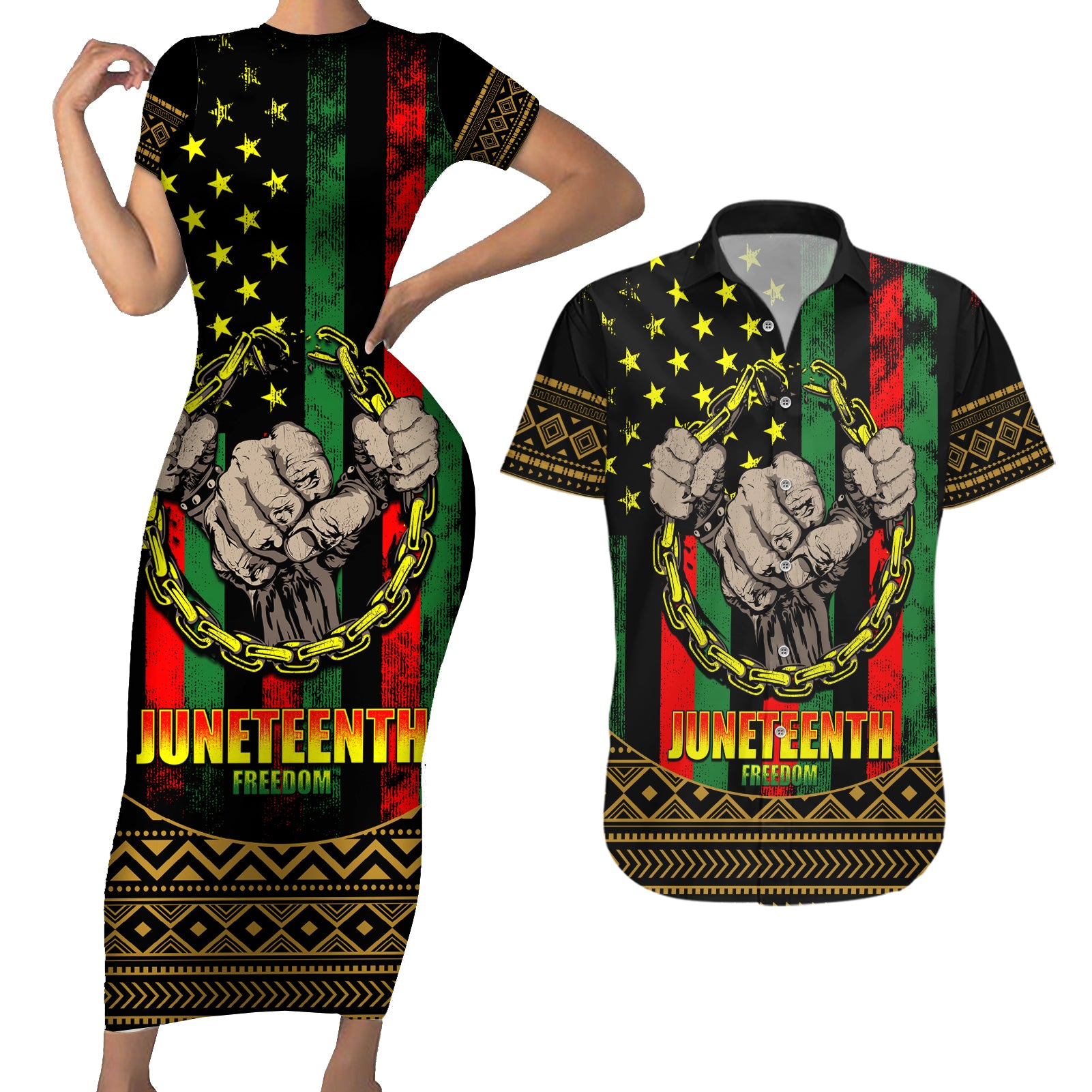 Juneteenth Celebration 2024 Couples Matching Short Sleeve Bodycon Dress and Hawaiian Shirt Black History June 19 - Wonder Print Shop