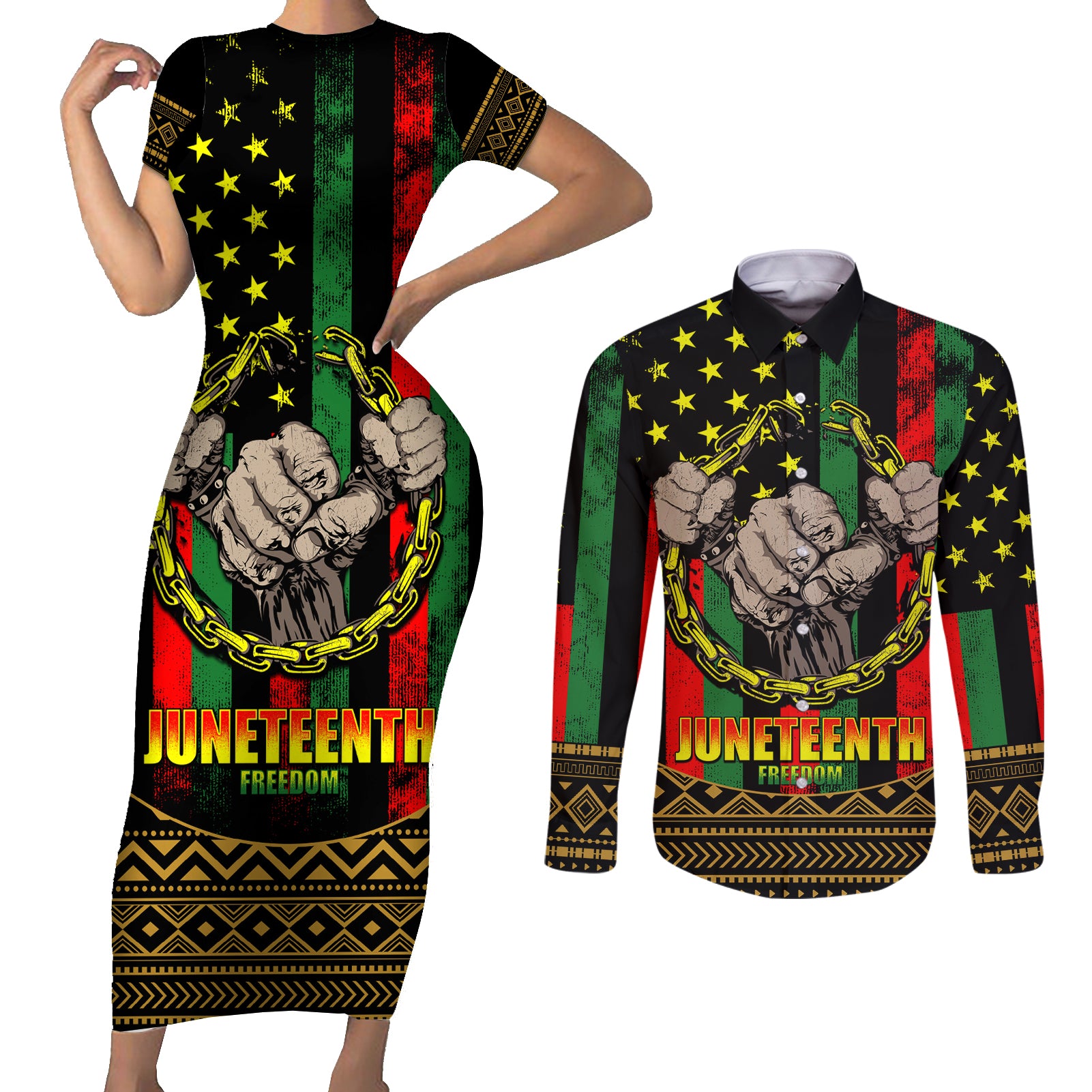 Juneteenth Celebration 2024 Couples Matching Short Sleeve Bodycon Dress and Long Sleeve Button Shirt Black History June 19 - Wonder Print Shop