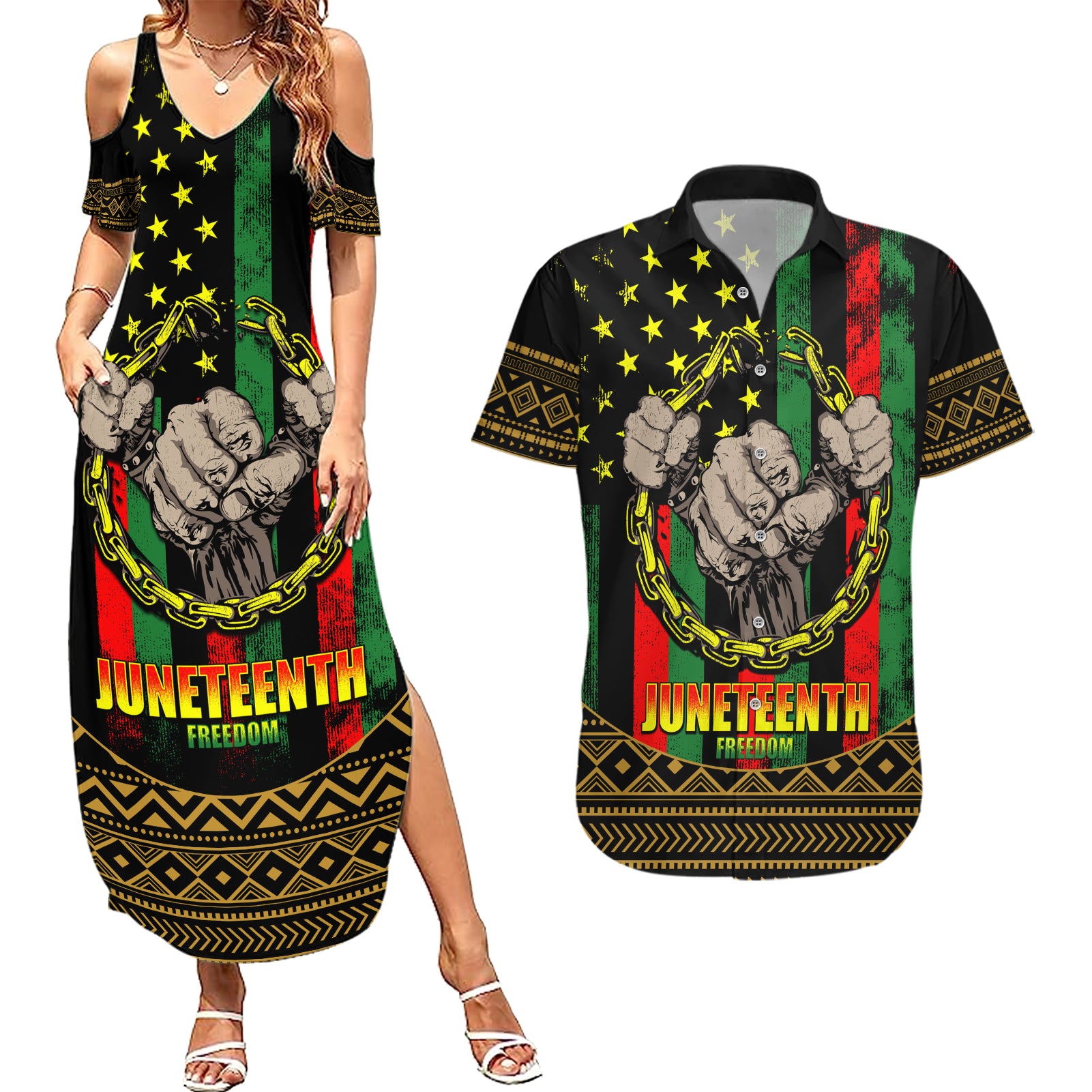 Juneteenth Celebration 2024 Couples Matching Summer Maxi Dress and Hawaiian Shirt Black History June 19 - Wonder Print Shop