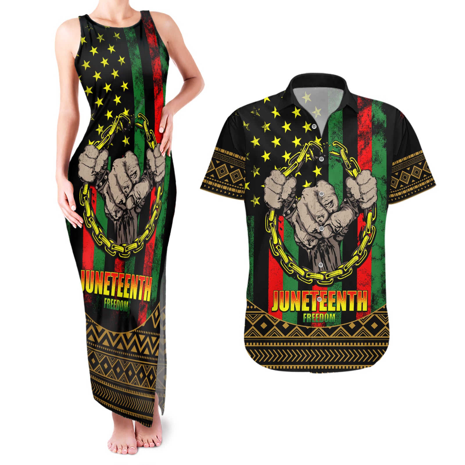 Juneteenth Celebration 2024 Couples Matching Tank Maxi Dress and Hawaiian Shirt Black History June 19 - Wonder Print Shop