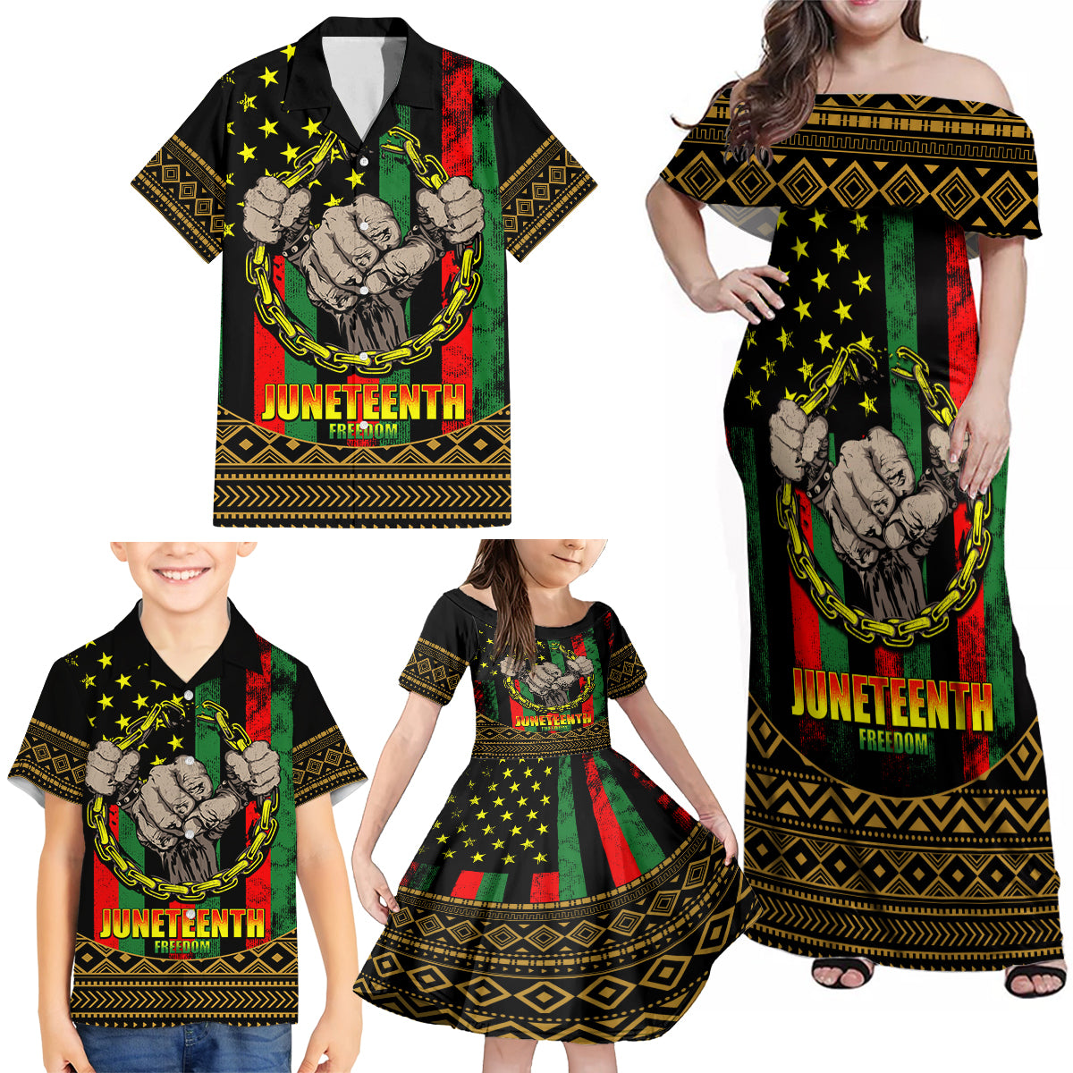 Juneteenth Celebration 2024 Family Matching Off Shoulder Maxi Dress and Hawaiian Shirt Black History June 19 - Wonder Print Shop