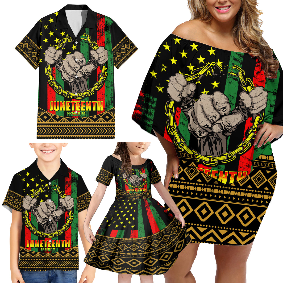 Juneteenth Celebration 2024 Family Matching Off Shoulder Short Dress and Hawaiian Shirt Black History June 19 - Wonder Print Shop