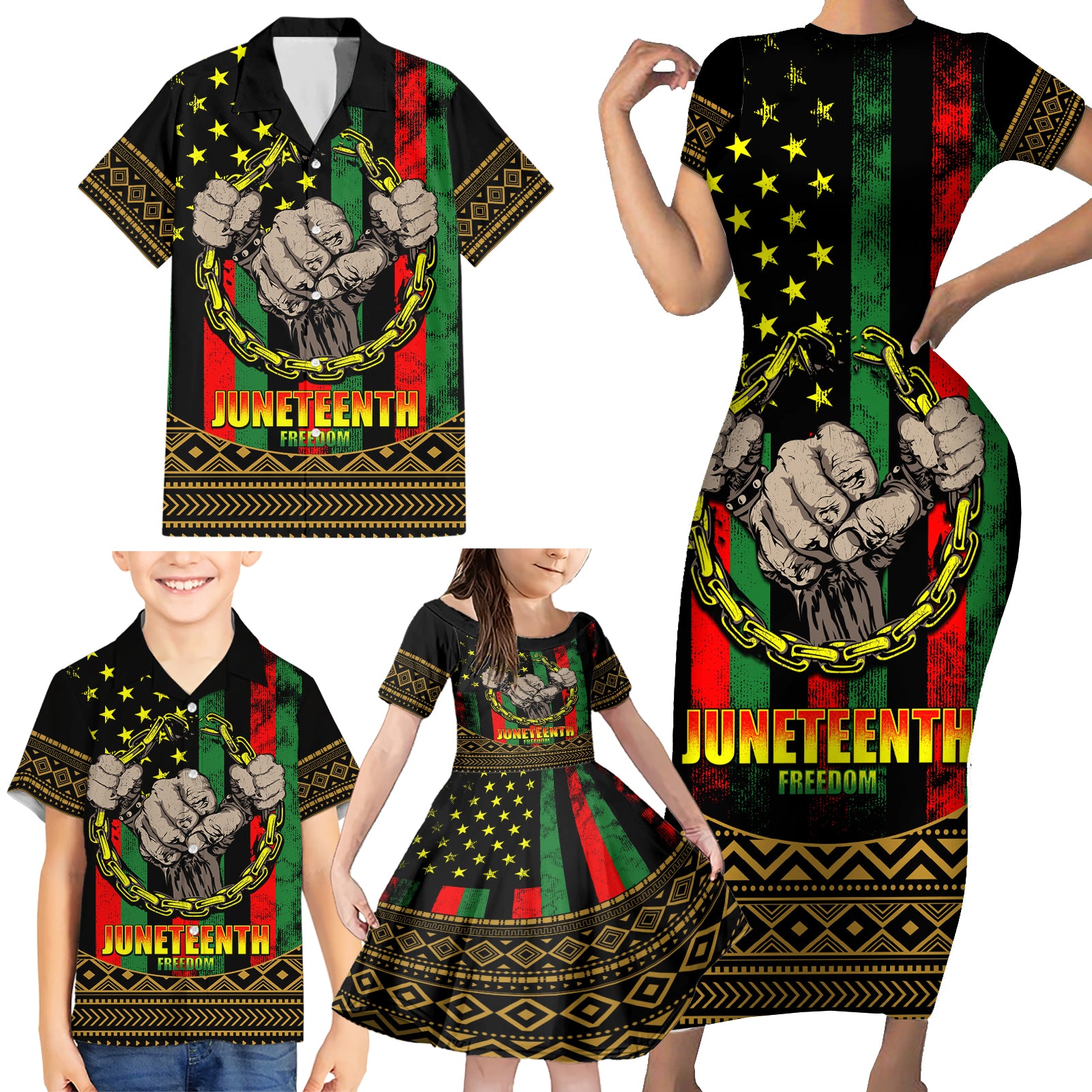 Juneteenth Celebration 2024 Family Matching Short Sleeve Bodycon Dress and Hawaiian Shirt Black History June 19 - Wonder Print Shop