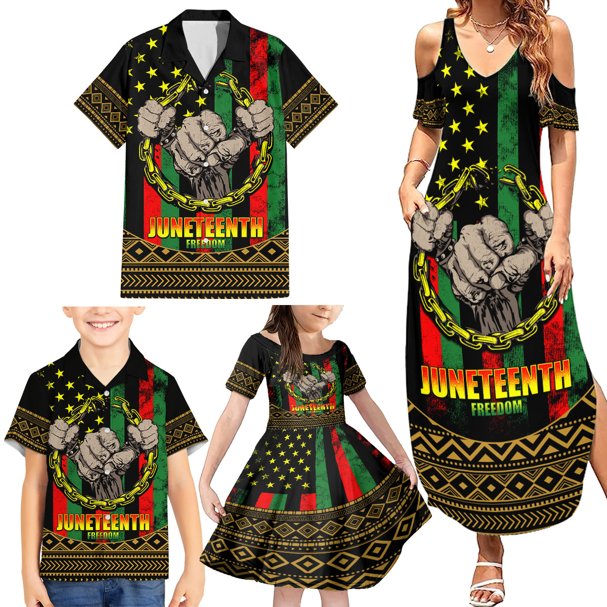 Juneteenth Celebration 2024 Family Matching Summer Maxi Dress and Hawaiian Shirt Black History June 19 - Wonder Print Shop