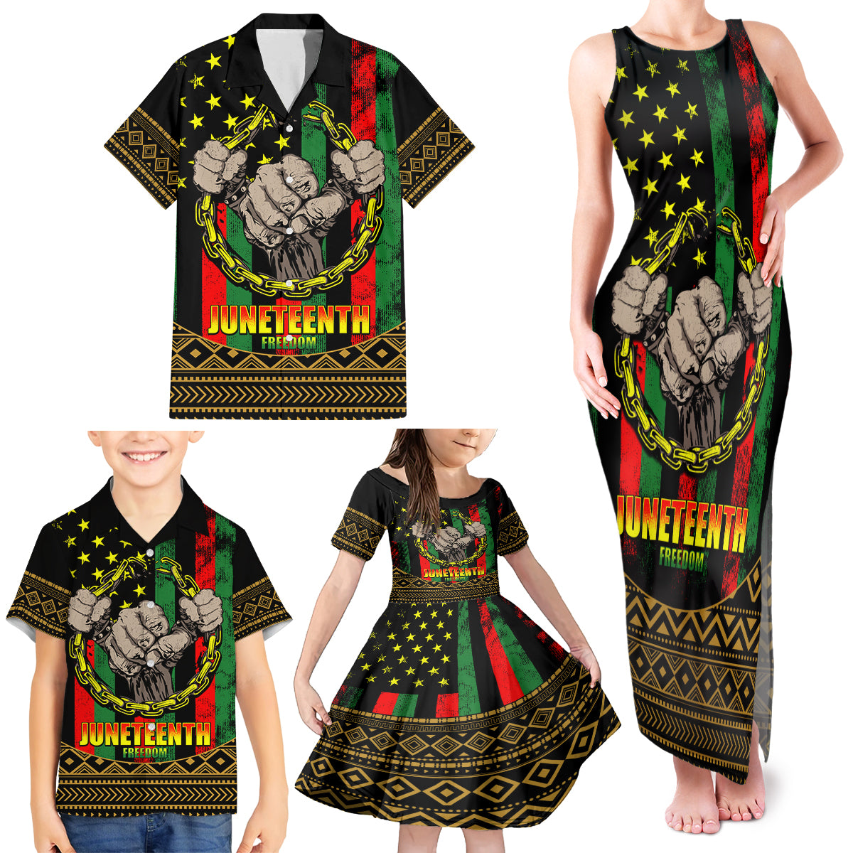 Juneteenth Celebration 2024 Family Matching Tank Maxi Dress and Hawaiian Shirt Black History June 19 - Wonder Print Shop