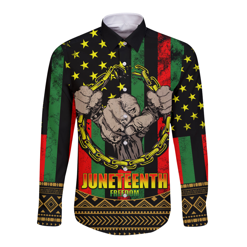 Black long sleeve button shirt with stars, fist-and-chain graphic, and Juneteenth Freedom text