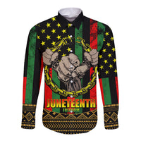 Black long sleeve button shirt with stars, fist-and-chain graphic, and Juneteenth Freedom text