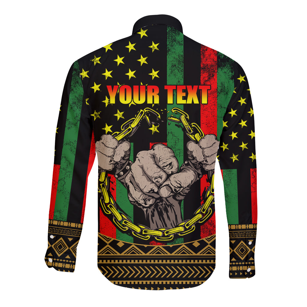 Black long sleeve button shirt with stars, fist-and-chain graphic, and Your Text