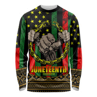 Unisex long sleeve black shirt with Juneteenth Freedom graphic and stars