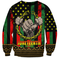 Black unisex sweatshirt with Juneteenth Freedom text, fists and chain graphic, stars and stripes