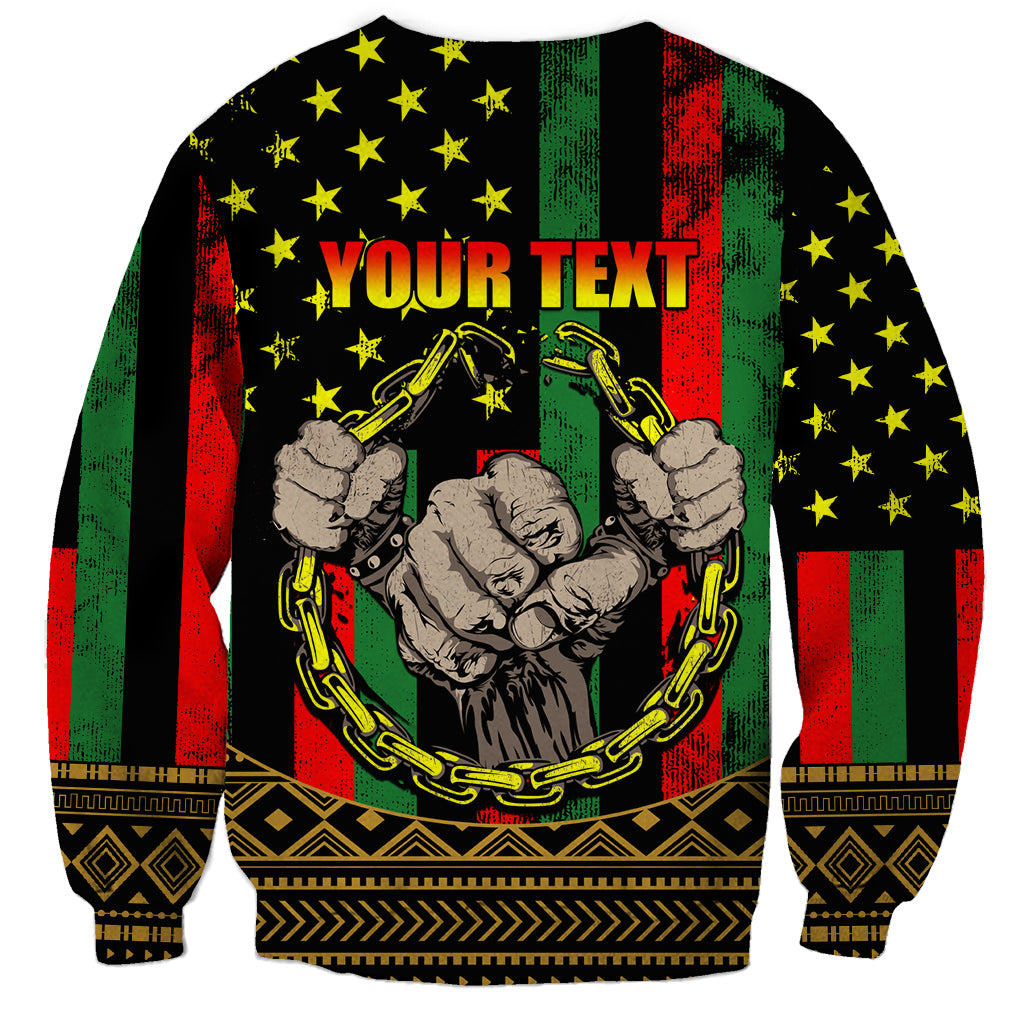 Black unisex sweatshirt with YOUR TEXT, fists and chain graphic, stars and red green stripes