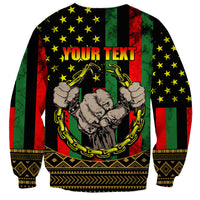 Black unisex sweatshirt with YOUR TEXT, fists and chain graphic, stars and red green stripes