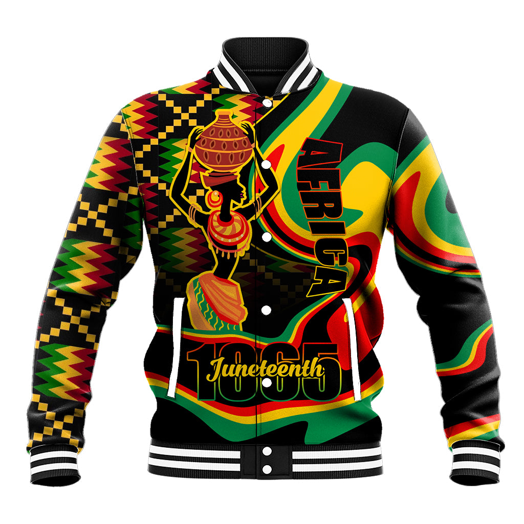 Unisex black baseball jacket with ribbed collar, striped cuffs, and bold Juneteenth graphic front.