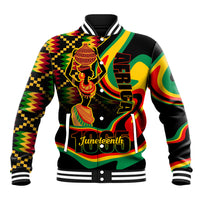 Unisex black baseball jacket with ribbed collar, striped cuffs, and bold Juneteenth graphic front.