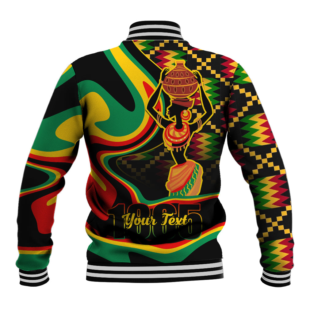 Unisex black baseball jacket with striped cuffs and colorful back graphic, 'Your Text'.