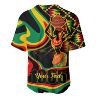 Black baseball jersey with large front pot graphic and multicolor wave pattern, short sleeves