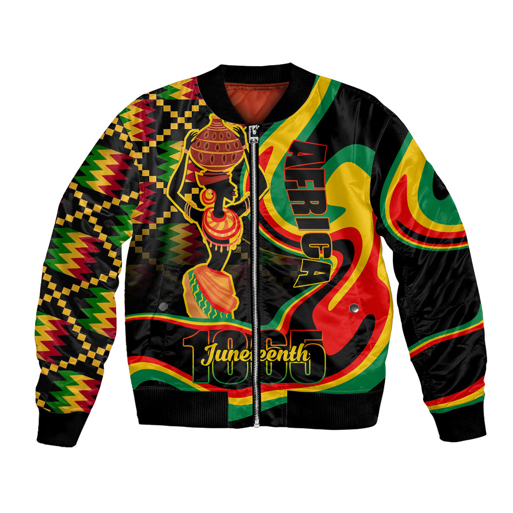 Black unisex bomber jacket with colorful Juneteenth graphic, full zip front