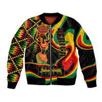 Black unisex bomber jacket with colorful Juneteenth graphic, full zip front
