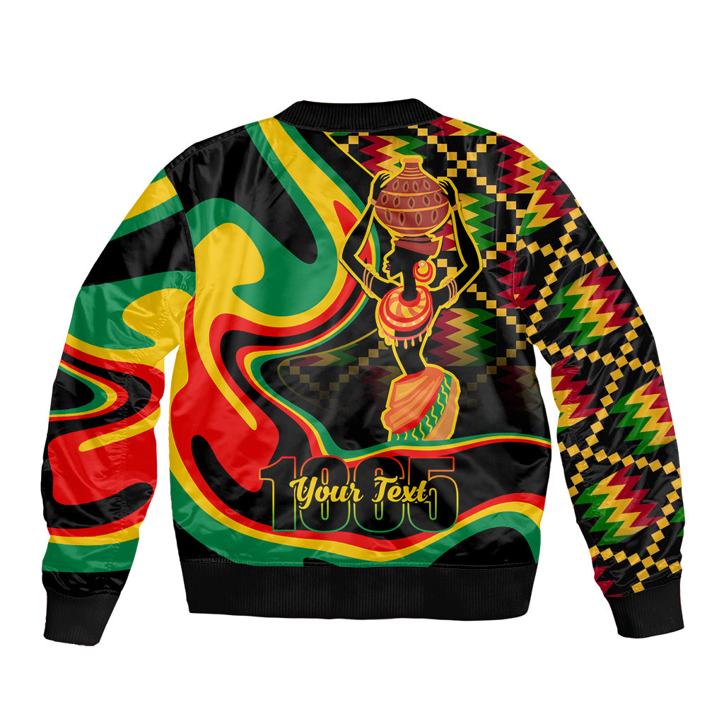 Black unisex bomber jacket with vibrant Juneteenth figure and flame print, ribbed hem