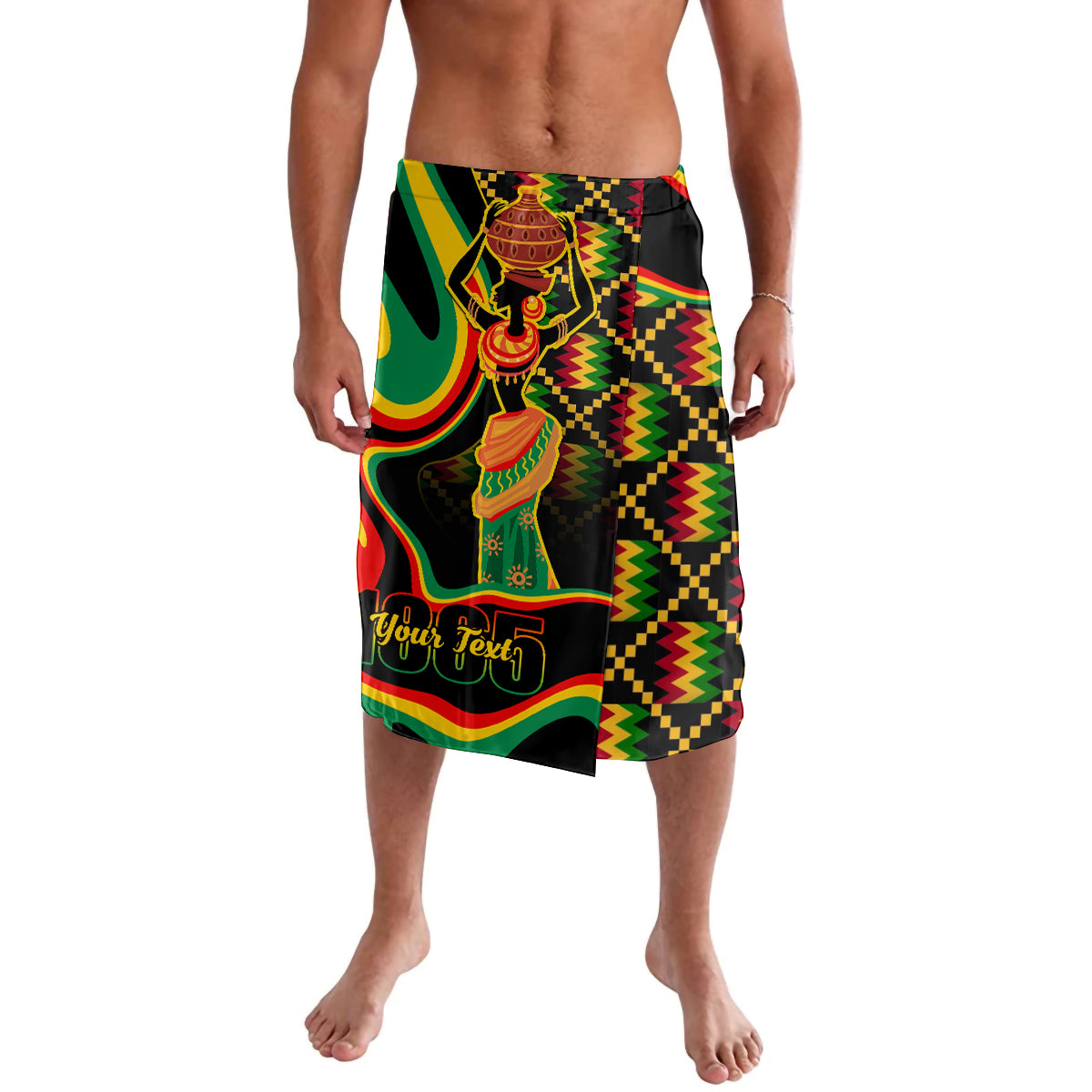 Black knee-length board shorts with colorful lion figure, zigzag and wave print