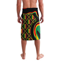 Black knee-length board shorts with colorful wave, zigzag and geometric print