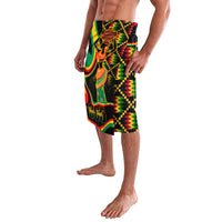 Black knee-length board shorts with colorful lion portrait and zigzag geometric print