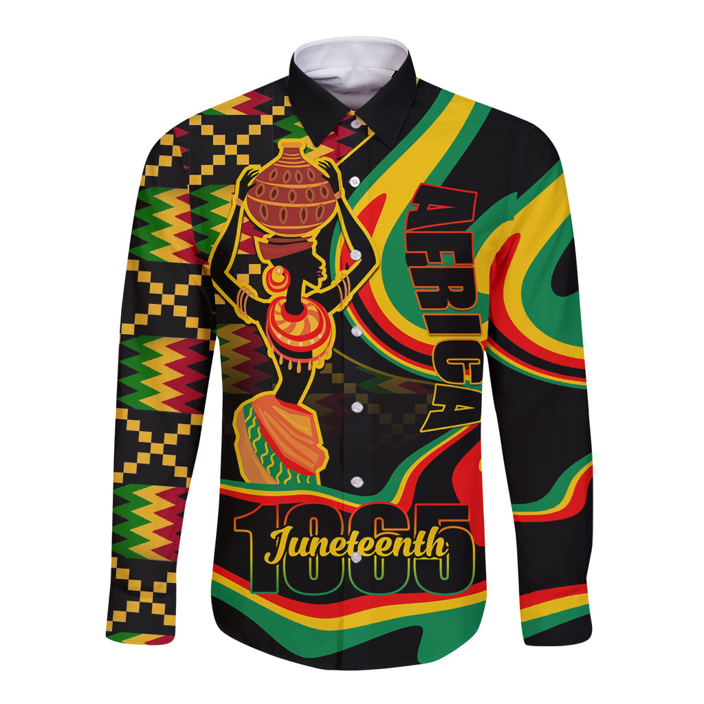 Black long sleeve button shirt with Juneteenth graphic and text front