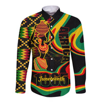 Black long sleeve button shirt with Juneteenth graphic and text front