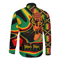 Black long sleeve button shirt with Juneteenth graphic and text across