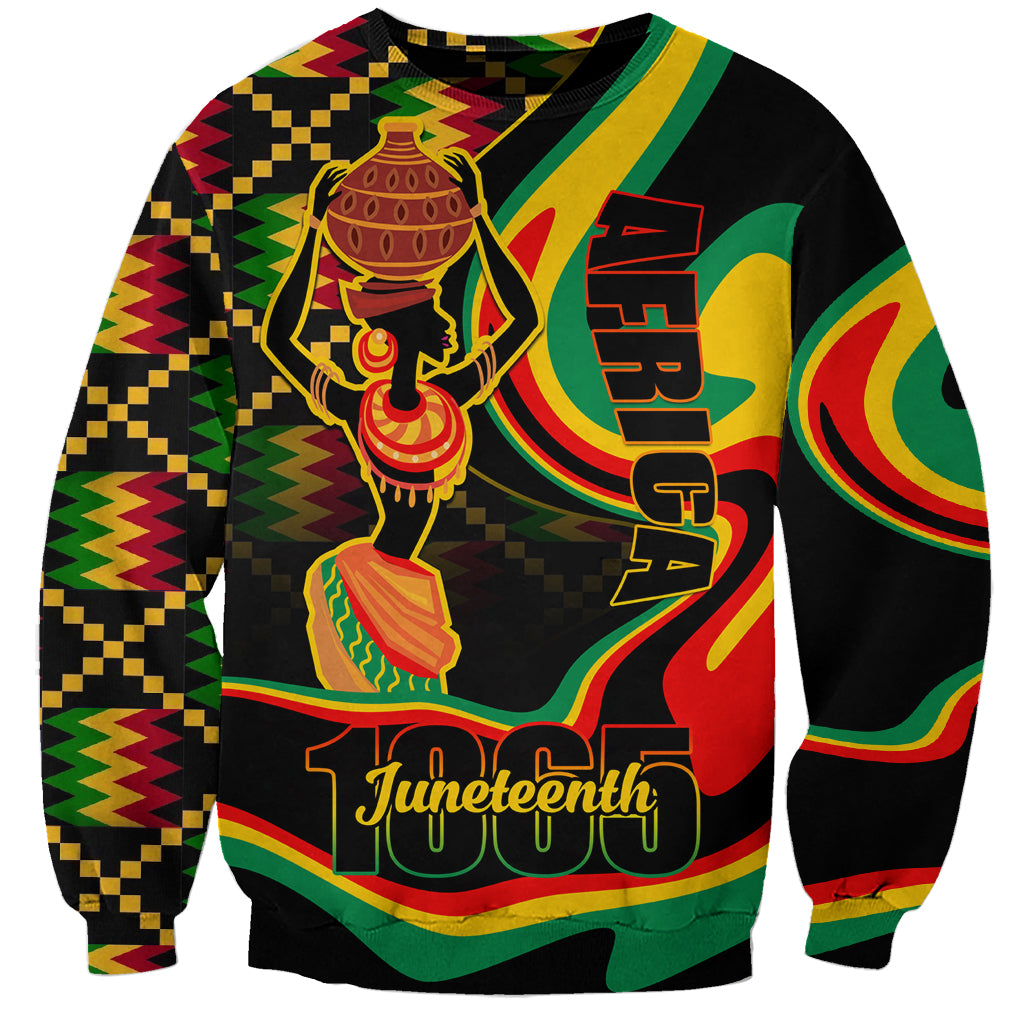 Black unisex sweatshirt with colorful Juneteenth 1865 graphic and zoned pattern sleeves