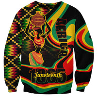 Black unisex sweatshirt with colorful Juneteenth 1865 graphic and zoned pattern sleeves