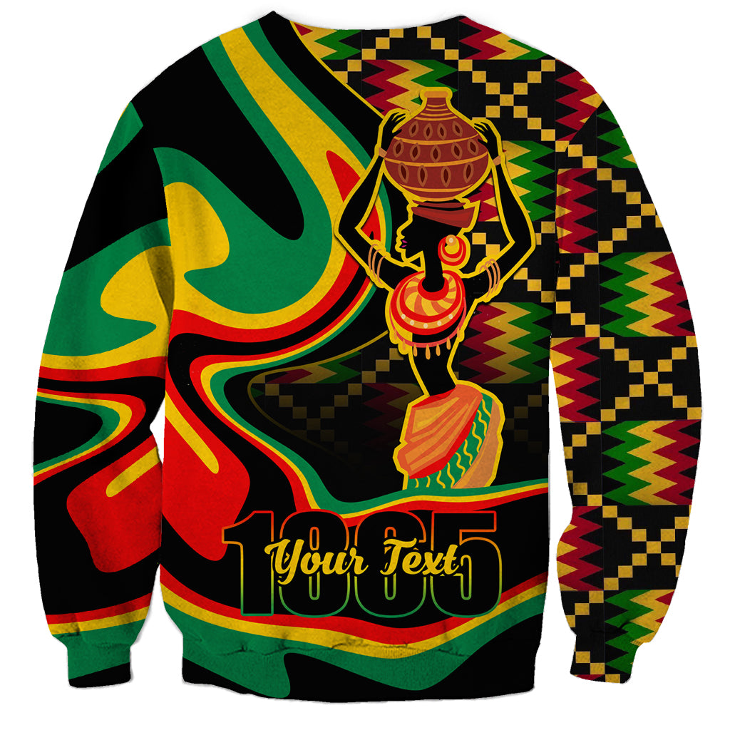 Black unisex sweatshirt with Juneteenth 1865 dancer graphic and zigzag sleeve pattern
