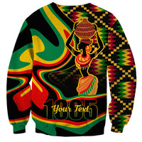Black unisex sweatshirt with Juneteenth 1865 dancer graphic and zigzag sleeve pattern