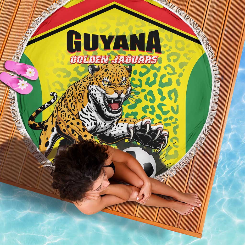 Yellow circular beach blanket with fringe edge, Guyana Golden Jaguars jaguar football artwork