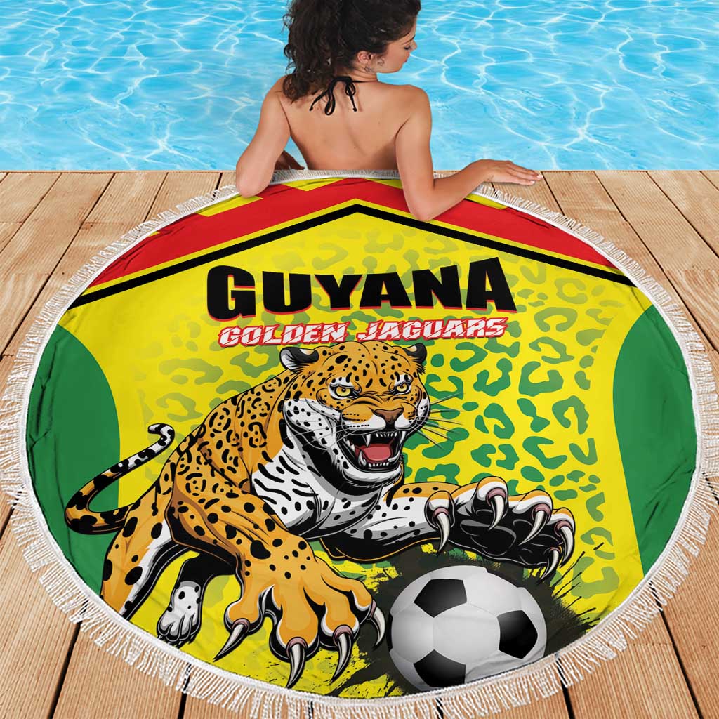 Yellow round beach blanket with fringe trim and Guyana Golden Jaguars jaguar soccer ball design